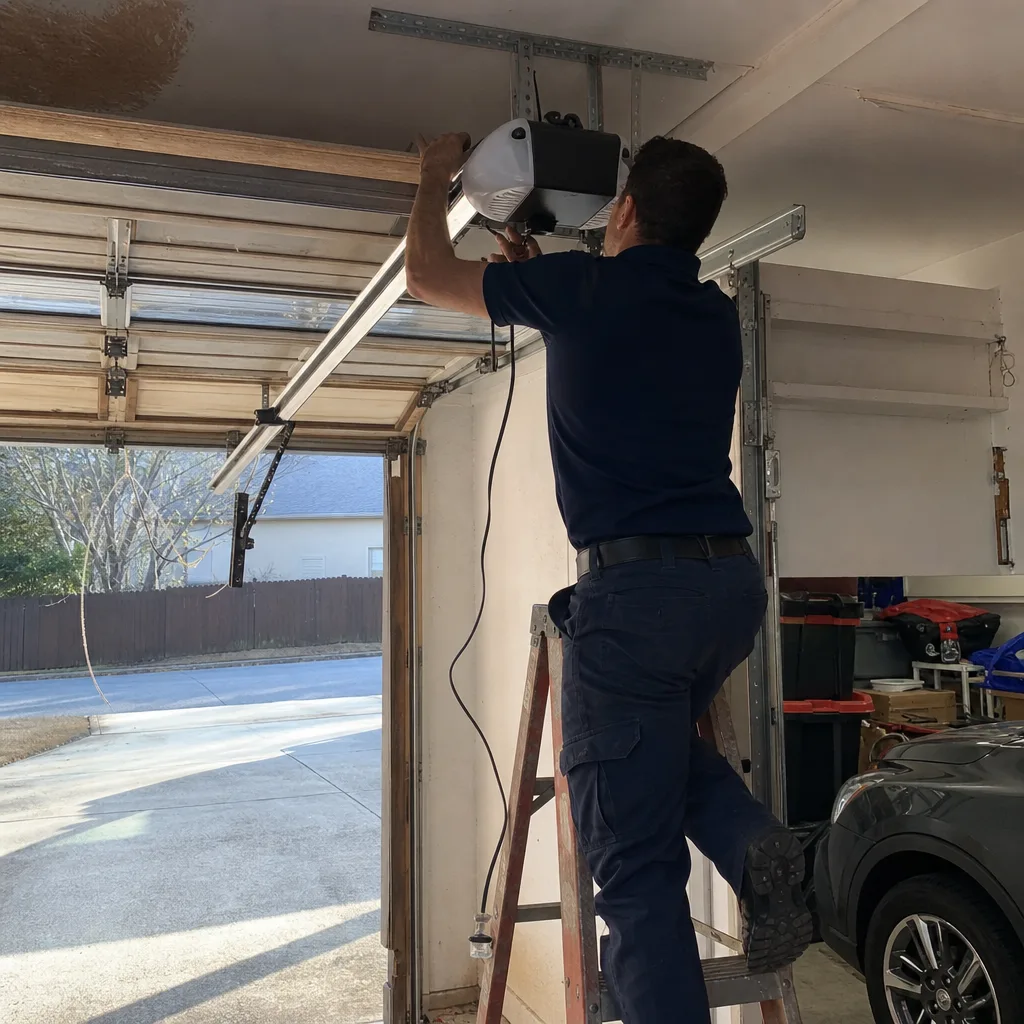 Technician installing a garage door opener system on a step ladder