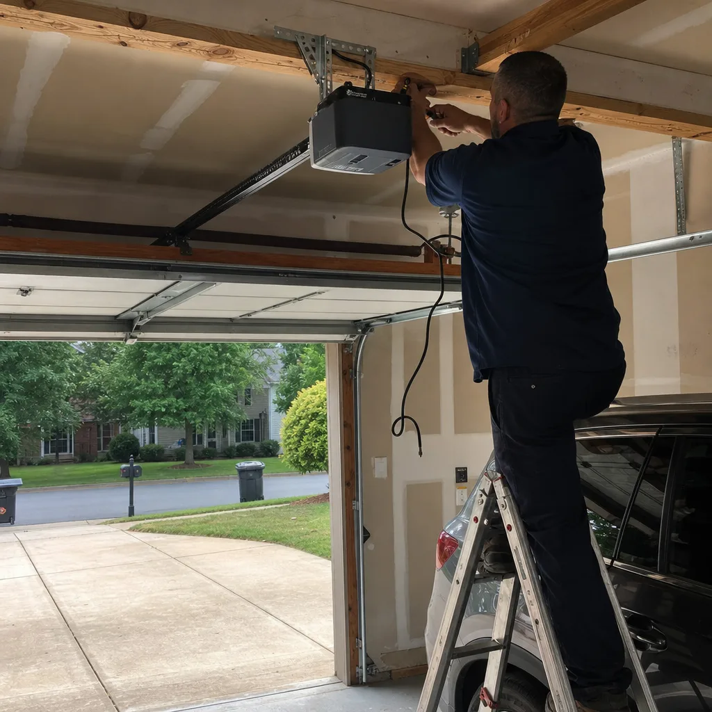 Technician performing professional garage door opener repair and installation services