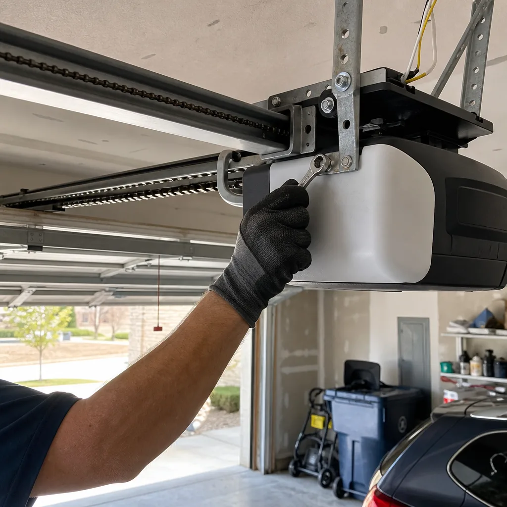 Technician performing professional garage door opener repair and installation.