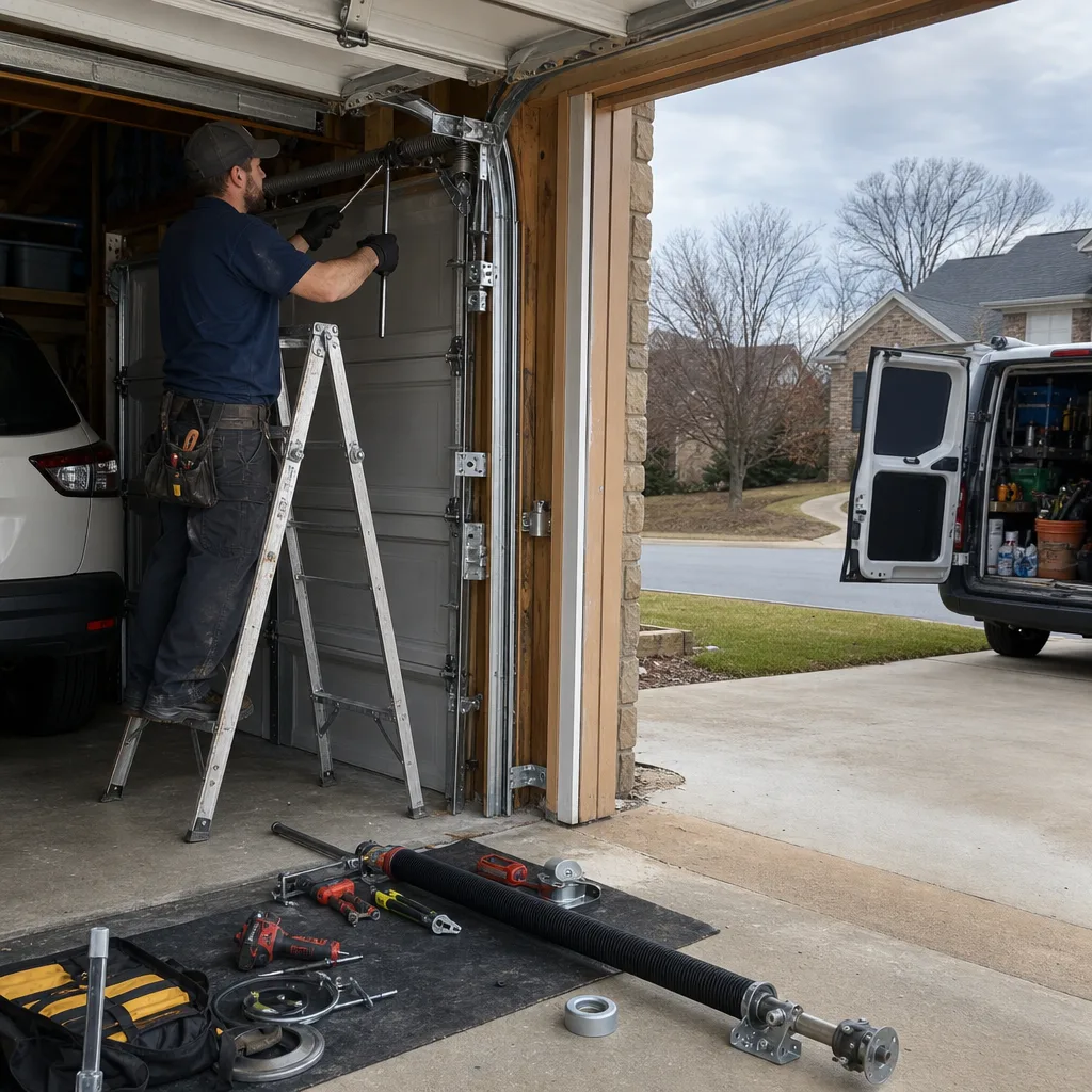 Technician repairing garage door spring with professional tools and replacement parts