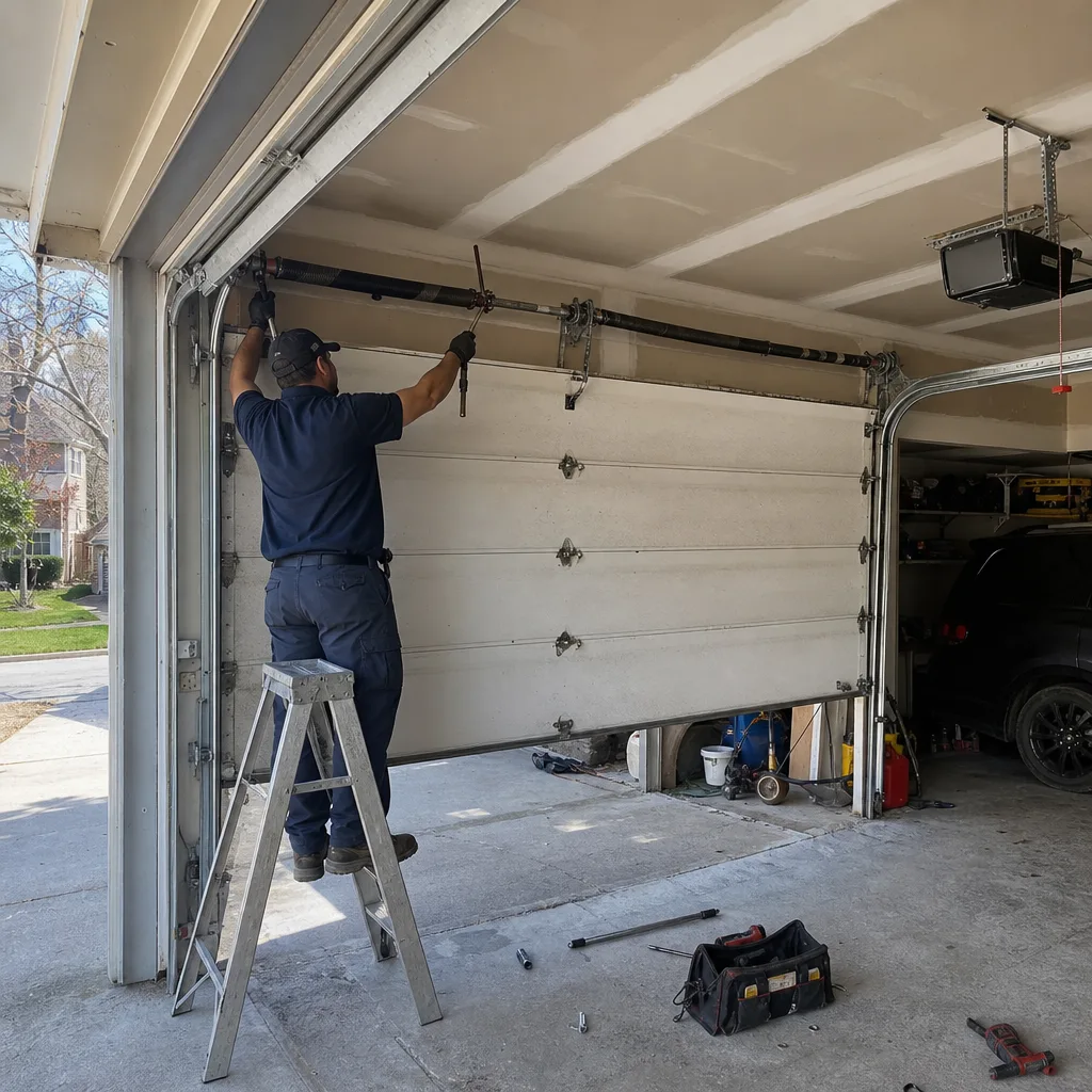 Technician performing professional garage door spring repair and maintenance