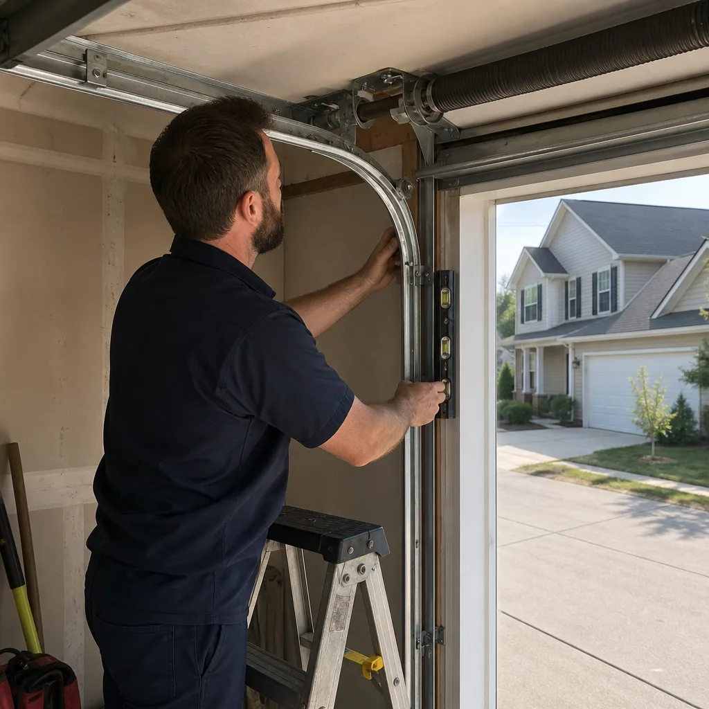 Technician performing professional garage door track repair and alignment.