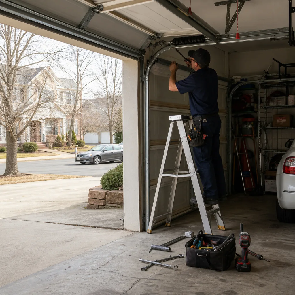 Technician performing emergency garage door repair in a residential garage in Cumming, GA