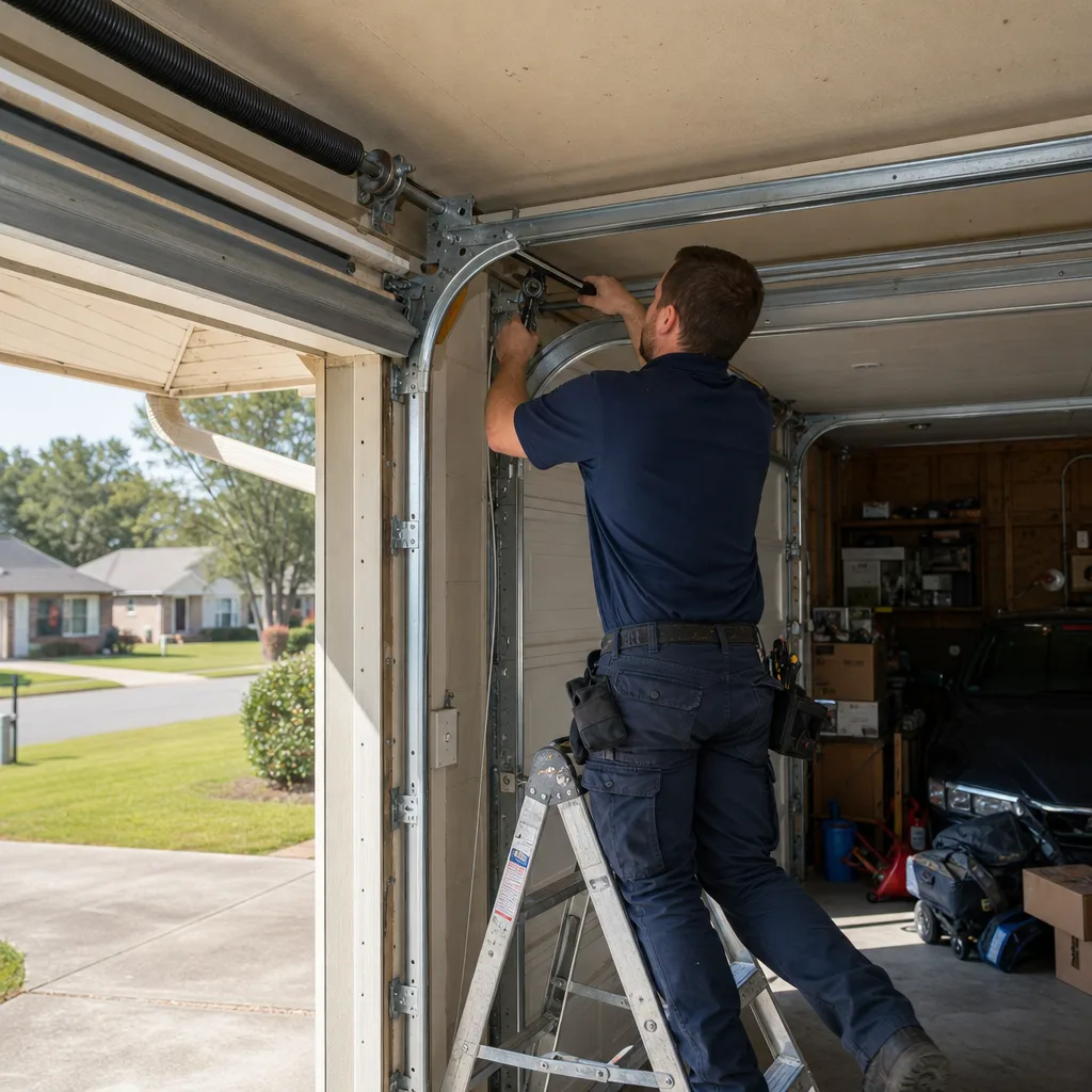 Technician performing garage door maintenance and parts repair in Cumming, GA
