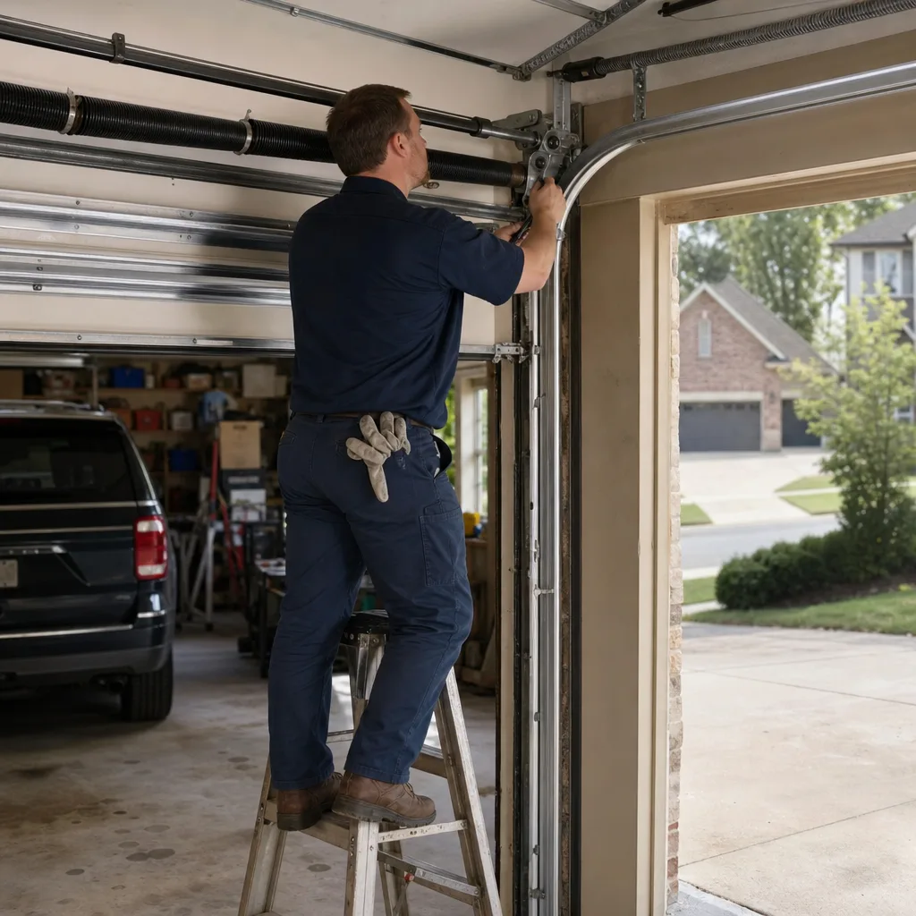 Technician performing professional garage door parts repair and maintenance in Cumming, GA